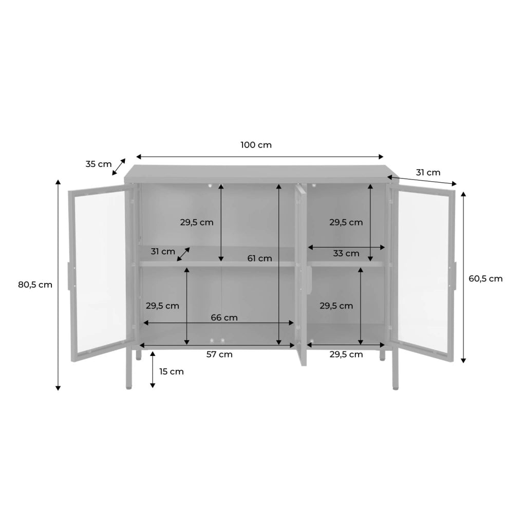 Credenza industriale in metallo e vetro temperato 3 ante, 100cm