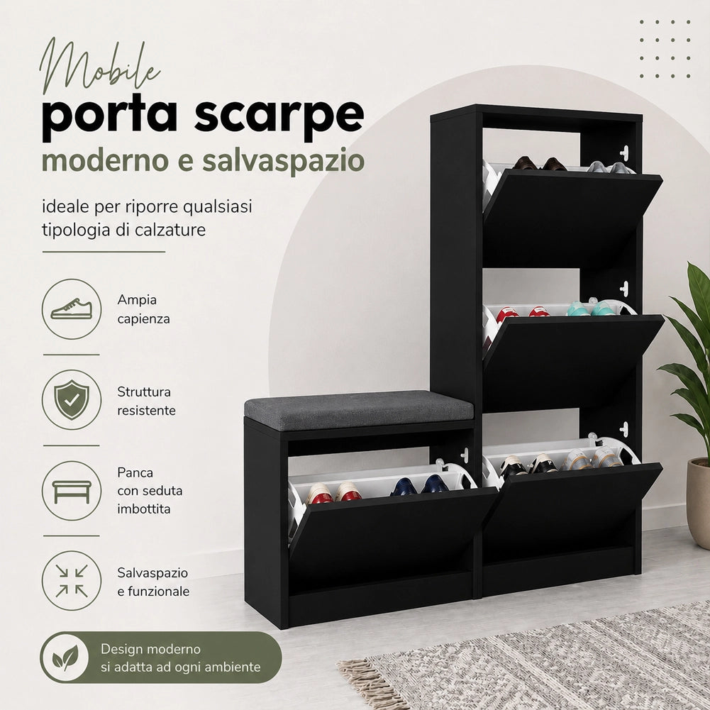 Scarpiera Salvaspazio 3 Ante Mobile Portascarpe 105x118,5 cm Multiuso Nero