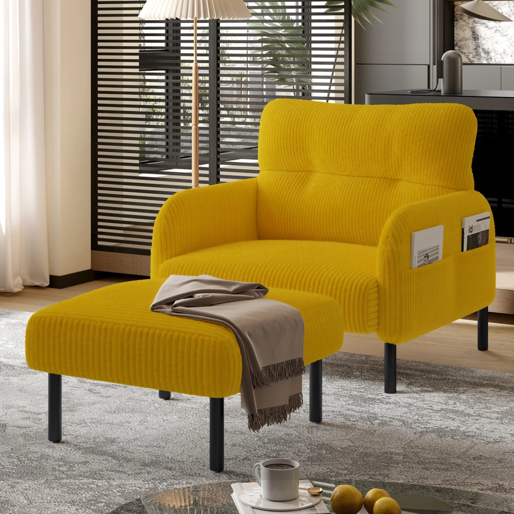 Poltrona singola in velluto a coste giallo con tasca laterale; 67x75x79 cm; struttura in metallo