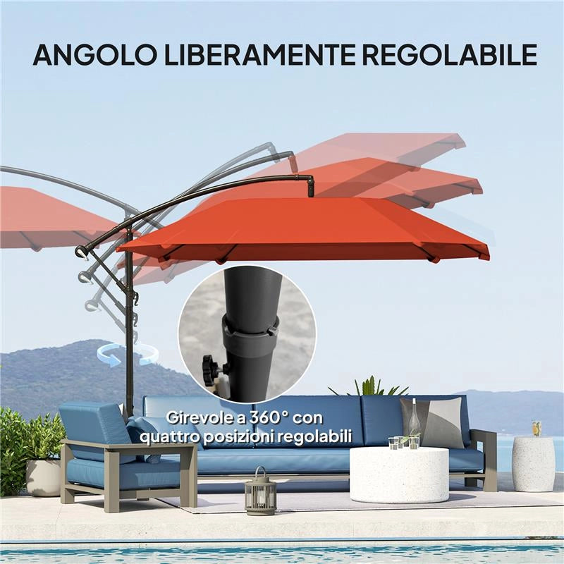 OMBRELLONE A SBALZO CON COPERTURA REGOLABILE E BASE A CROCE IN METALLO E POLIESTERE 260X304X245 CM BORDEAUX