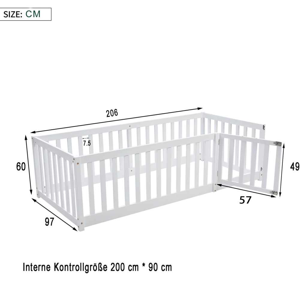 Letto a pavimento per bambini ULEVR 90x200 cm con recinto e porticina apribile, bianco