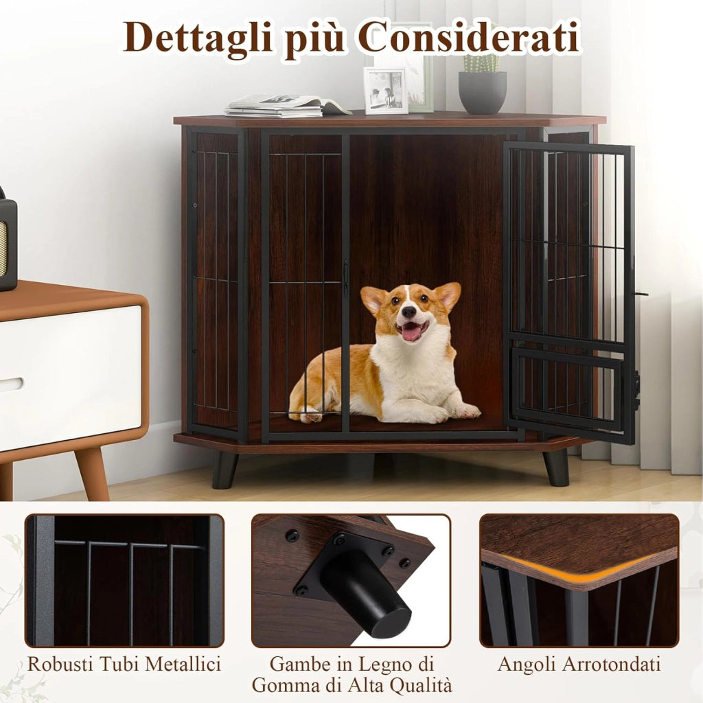 Cuccia per Cani Angolare, Gabbia Salvaspazio con Porta di Alimentazione, 3 Gambe in Legno di Gomma, Porta Serrabile e Ampio Piano di Lavoro, Tavolino Laterale per Cani Piccoli, Medi e Grandi
