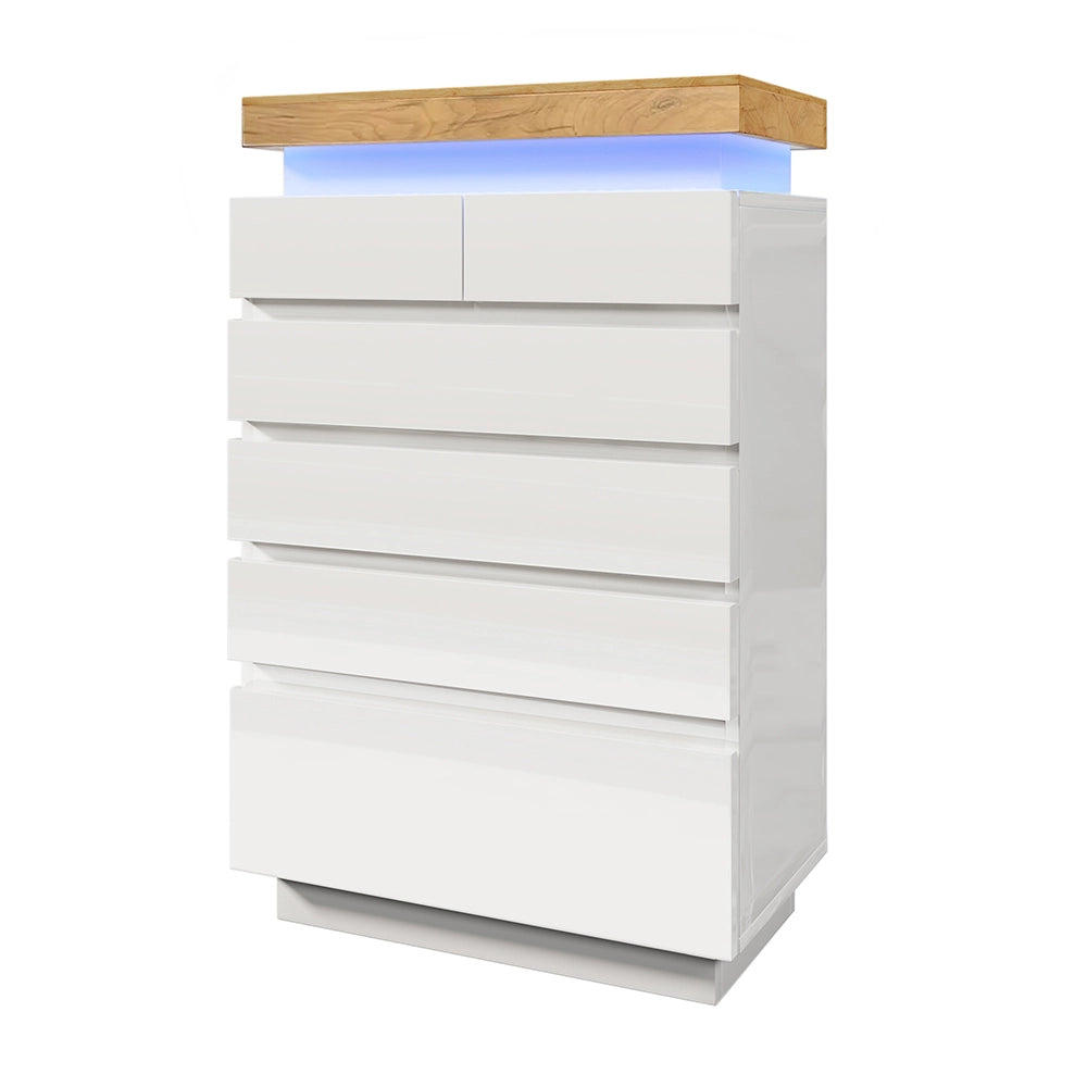 Commode Buffet in legno lucido - Xylo - 115x73x39 cm - Bianco - 6 cassetti, illuminazione LED (App Control)