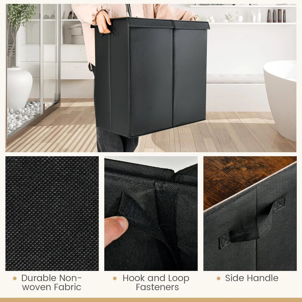 Cesto Portabiancheria Sporco da 115 L con Coperchio, Cesta Portabiancheria da 2 Scomparti Divisi con Maniglie, Cesta Biancheria in Tessuto per Camera Bagno, 62x31x60 cm, 2 Colori (Nero)