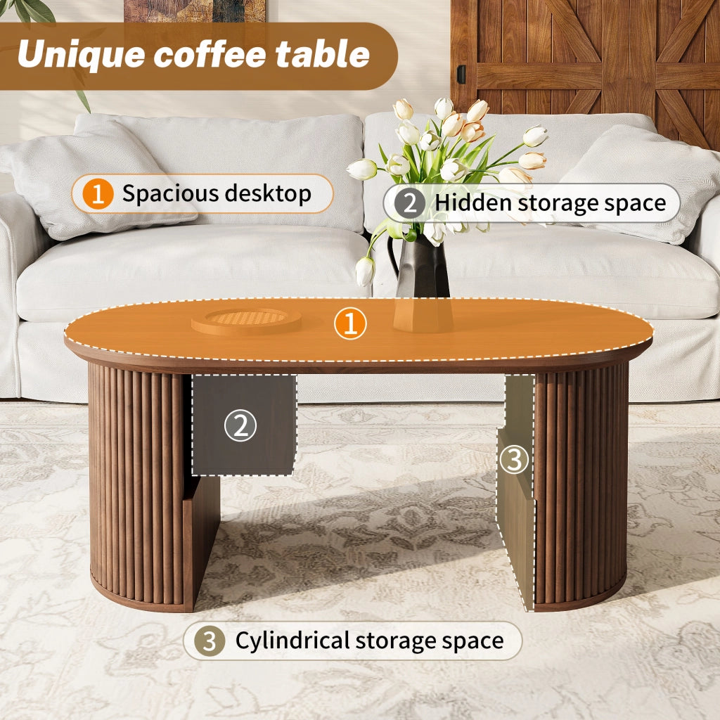 Tavolino Basso Ovale con Vani Portaoggetti e Ripiani Aperti in MDF per Salotto 105 × 50 × 46,5 cm