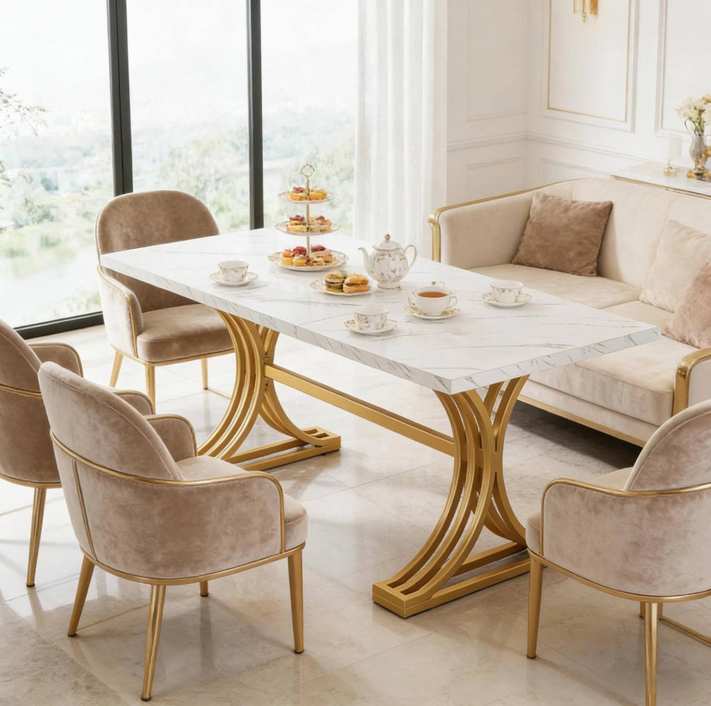 Tavolo da pranzo 160 x 80 cm in marmo artificiale e metallo; bianco e oro