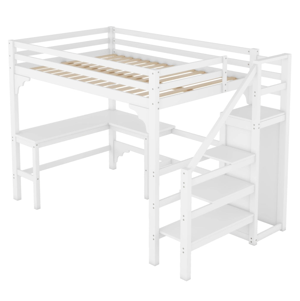Letto a soppalco 140x200 cm con scrivania ad L e guardaroba aperto in pino bianco