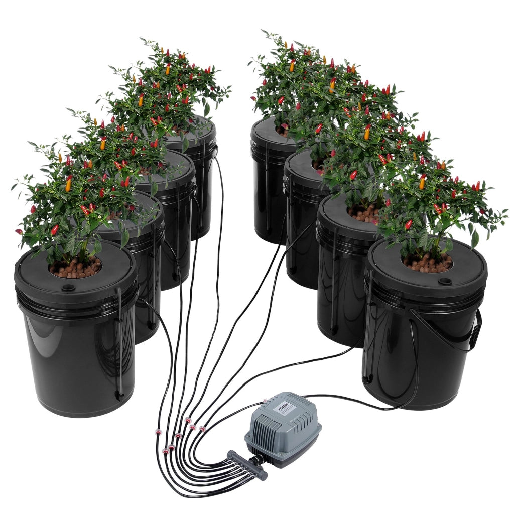 Kit Sistema di Coltivazione Idroponica DWC 8 Secchi da 20 L in PP EHW0008C con Pompa ad Aria e Pietre Porose per Casa Giardino