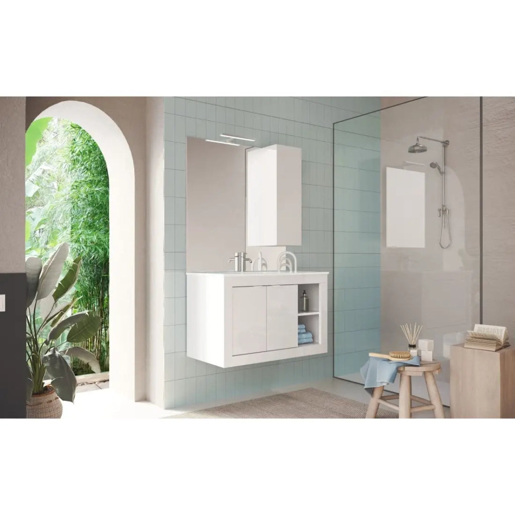 Mobile da bagno sospeso con 1 lavabo e 2 porte, collezione VIENNA. Colore bianco lucido.