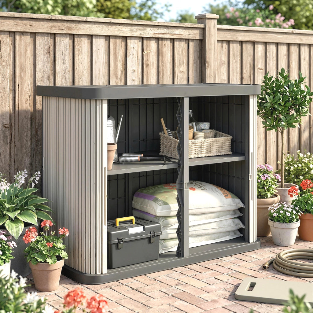 Coffre da Giardino 480 L con Porte a Scorrimento ¨C zephmum ¨C Marron Chiaro 120,5x59,5x92cm