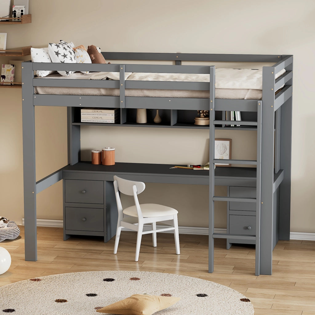 OKWISH Letto a soppalco 90×200 cm, Letto Singolo con Scrivania, 4 Cassetti, 4 Vani e Sponda Alta, senza Materasso, Grigio