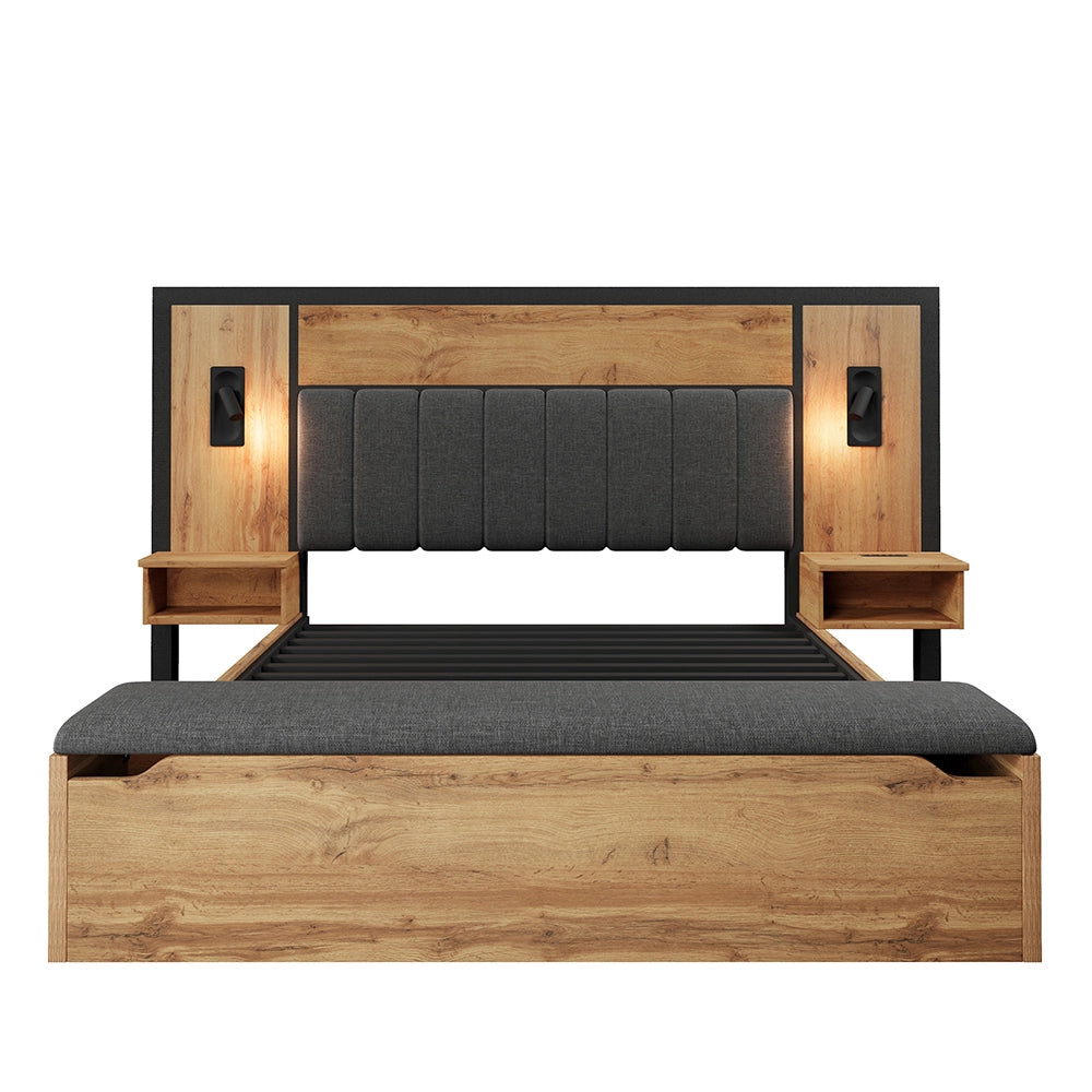 Letto matrimoniale con materasso - Xylo - 160x200 cm - Ch??ne - Luce lettura, USB-C, banquette