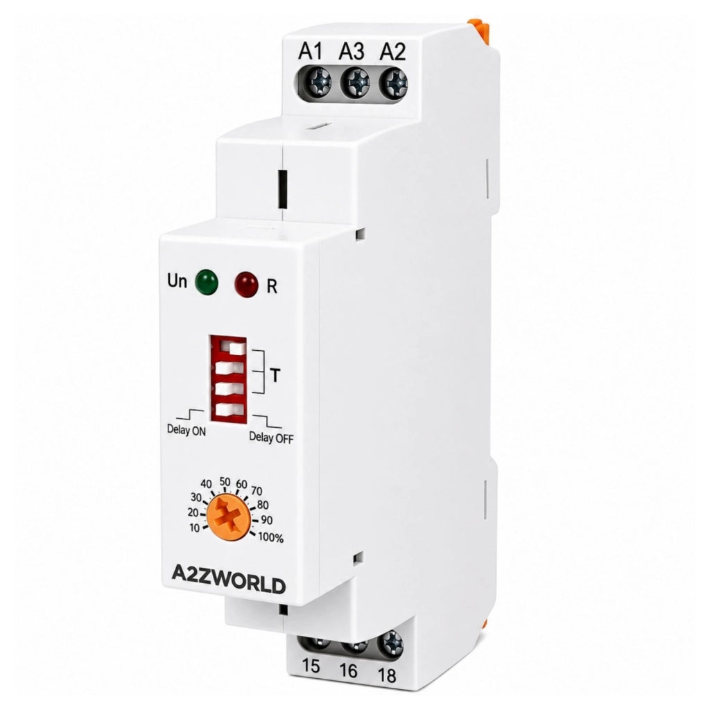 Relè Temporizzato Modulare, AC230V e DC/AC 24V 10A, Timer Delay ON o Delay OFF, Ritardo Accensione o Spegnimento, 1 Modulo Barra DIN, Tempo regolabile da 0,1s a 10 giorni