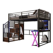 Letto a Soppalco Letto Matrimoniale con LED; Scrivania; Armadio; Scala Contenitore e Scaffali; 140 x 200 cm; senza Materasso
