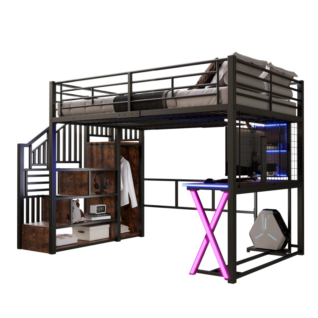 Letto a Soppalco Letto Matrimoniale con LED; Scrivania; Armadio; Scala Contenitore e Scaffali; 140 x 200 cm; senza Materasso