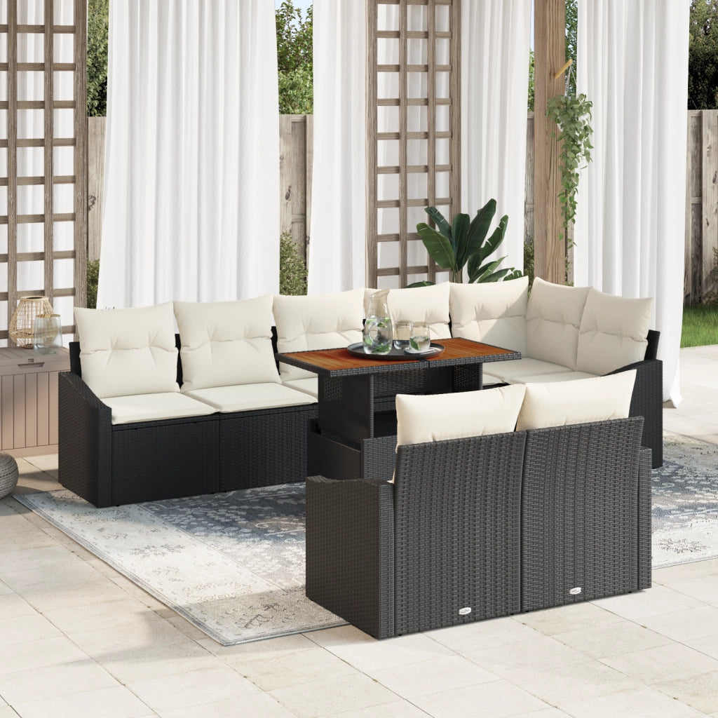 Set da Pranzo da Giardino in 9 Pezzi con Cuscini Nero Polyrattan Acacia