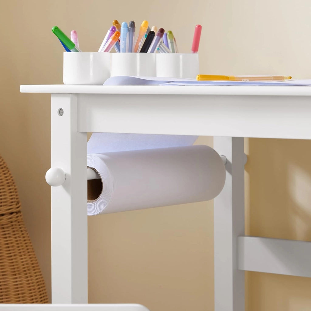 Tavolino Bambini con 1 Sedia, Set Tavolo e Sedie per Bambini Multiattività con 2 Ripiani, Tavolo Disegno e Gioco, Sedia Scrivania Cameretta Bianco 80x54x65,5cm KMB60-W