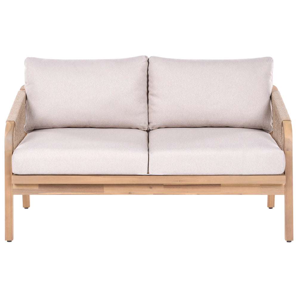 Divano da giardino a 2 posti in legno di acacia chiaro con cuscini imbottiti beige chiaro, struttura a doghe, per terrazza, stile moderno