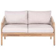 Divano da giardino a 2 posti in legno di acacia chiaro con cuscini imbottiti beige chiaro, struttura a doghe, per terrazza, stile moderno