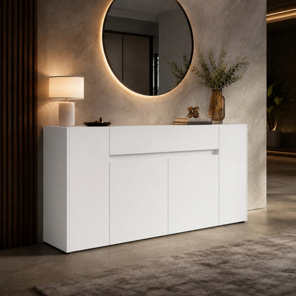 Madia Moderna In Melaminico Con 4 Ante E 1 Cassetto Mobile Contenitore Design Senza Maniglie Per Soggiorno E Sala Da Pranzo 170 X 85 X 40 Cm Bianco