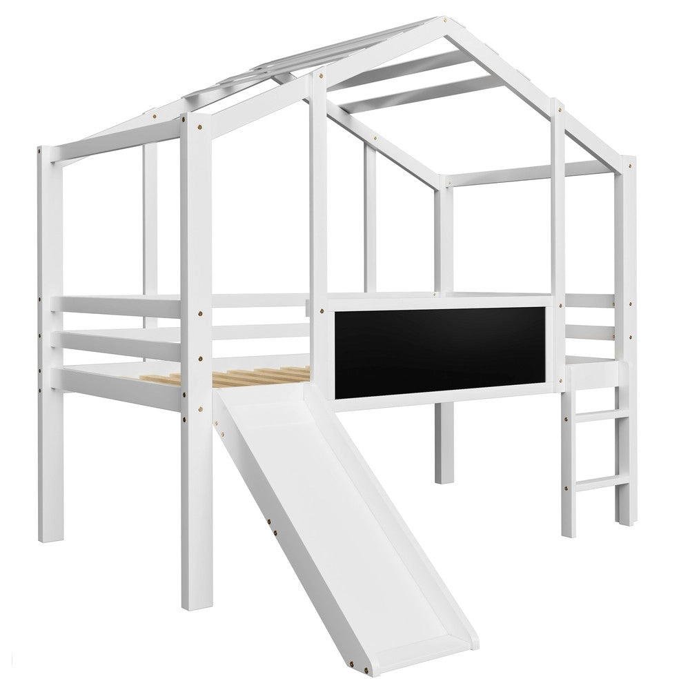 Letto a Soppalco per Bambini con Scivolo e Scala ¨C Xylo ¨C Bianco, Massello, 90x200