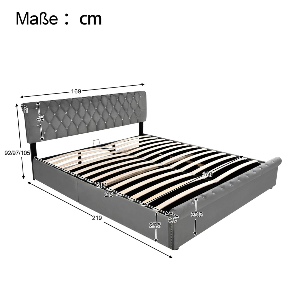 Letto imbottito 160x200 cm in velluto grigio con contenitore e testiera regolabile