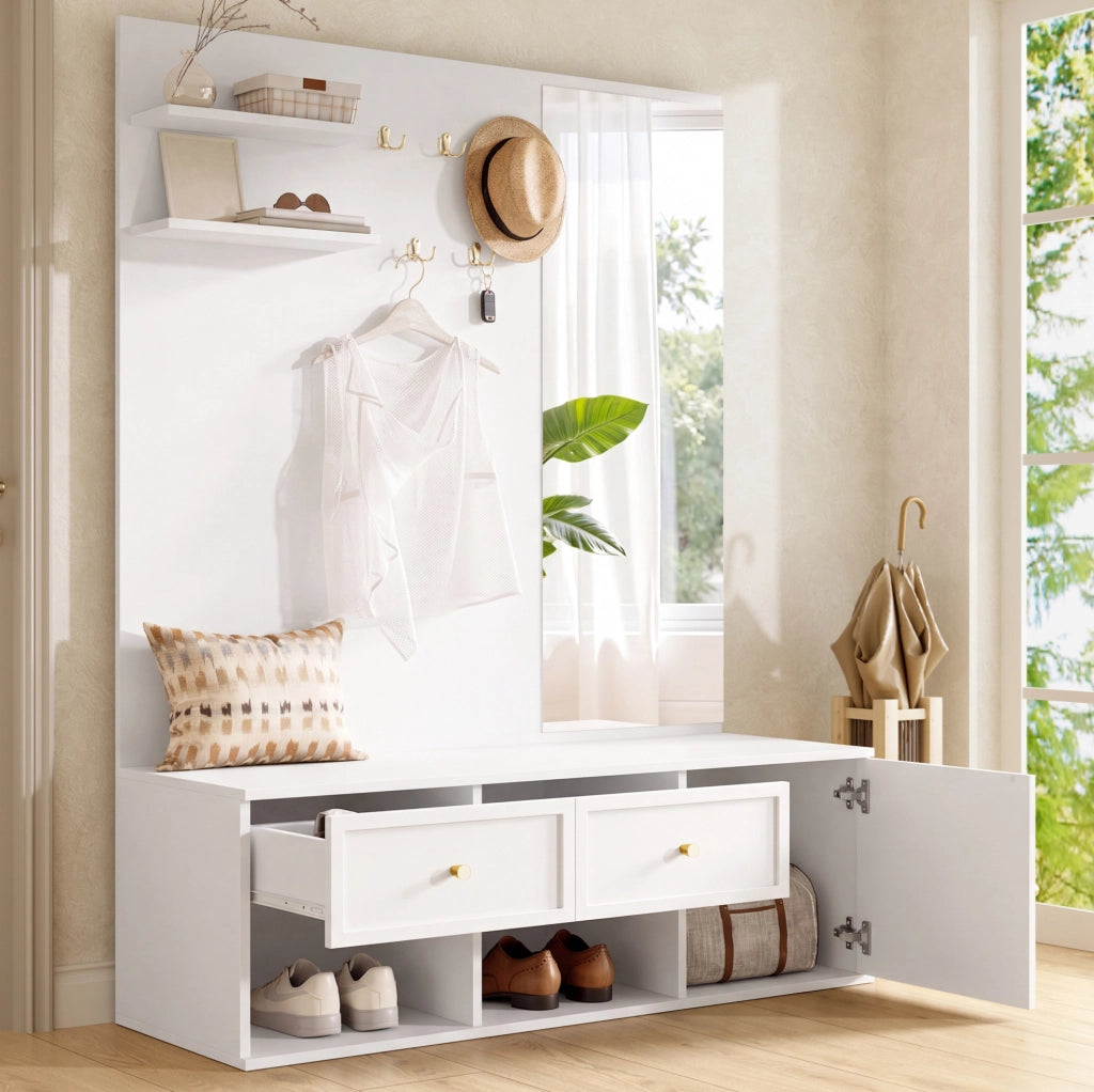 Set guardaroba 120.0x35.0x159.0 cm con specchio e 5 ganci in truciolato bianco