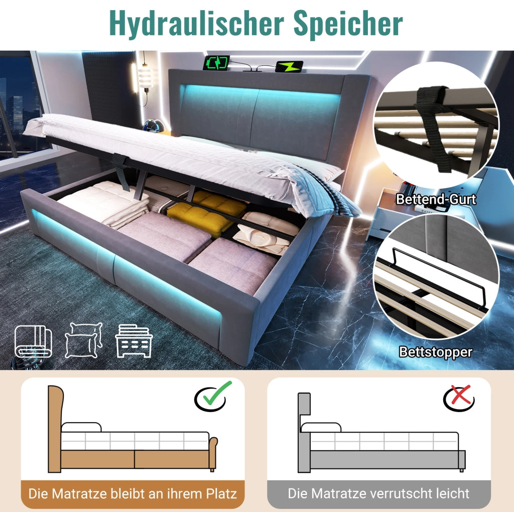 Letto contenitore 160x200 cm idraulico con LED; USB e Type-C; velluto grigio