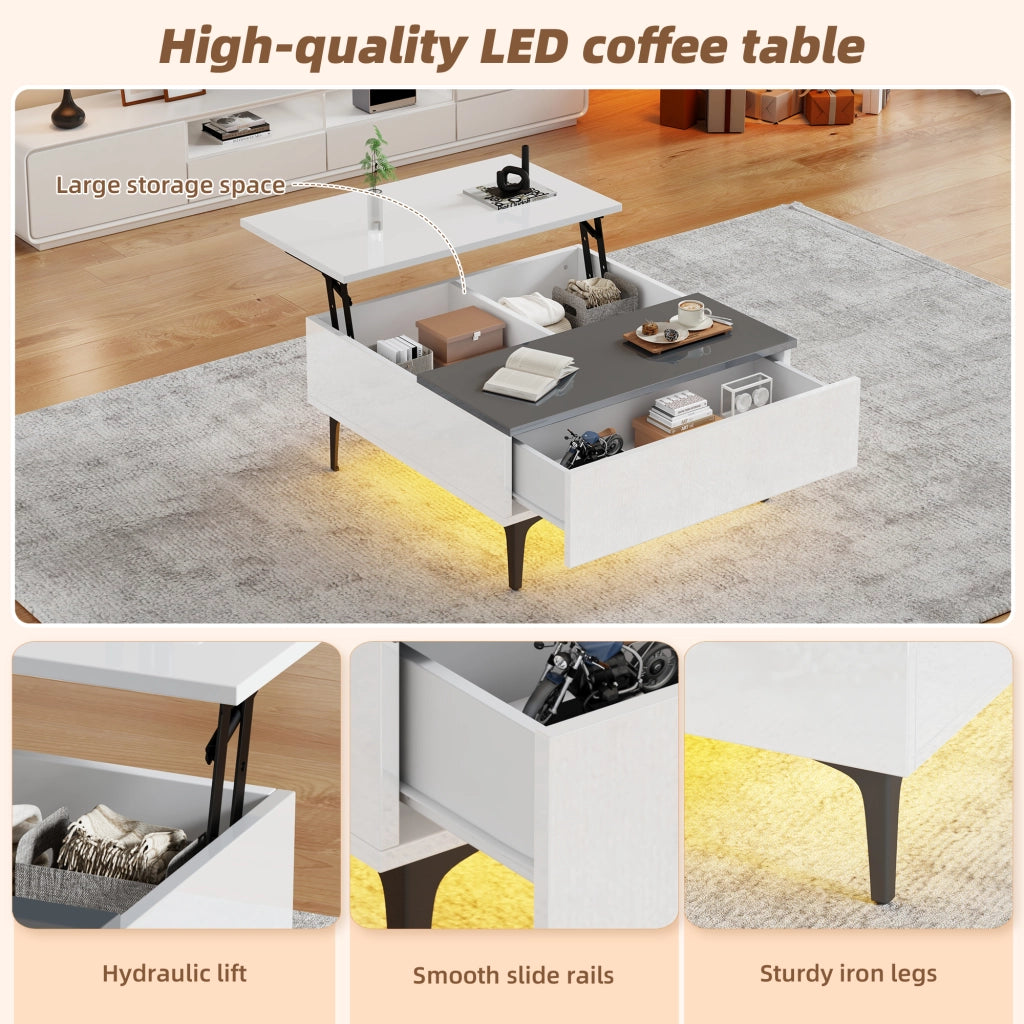 Tavolino alzabile con LED; vani e cassetto - per soggiorno - MDF - 70×70×35 cm - bianco