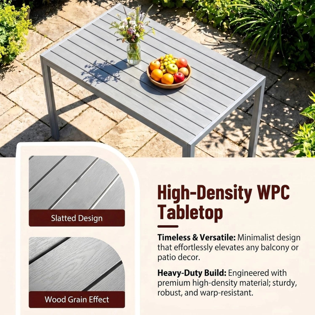 Tavolo da Giardino Moderno in WPC 110 x 70 cm, Tavolo da Pranzo per Esterno per 4-6 Persone, Tavolo da Balcone Salvaspazio in Alluminio, Design Effetto Legno,Grigio Totale