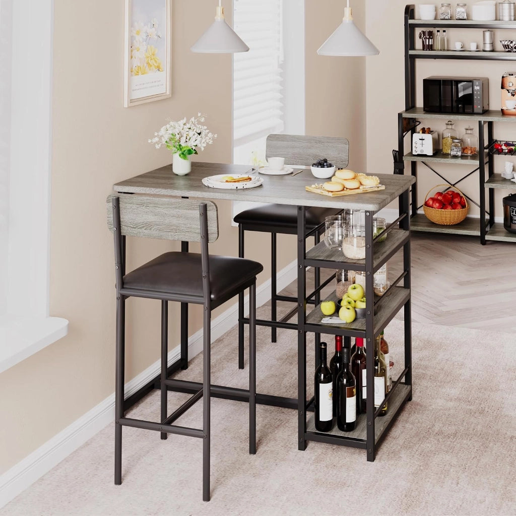 Set da pranzo a 3 pezzi per 2 persone: tavolo alto con 3 ripiani + 2 sedie imbottite - stile rustico - grigio