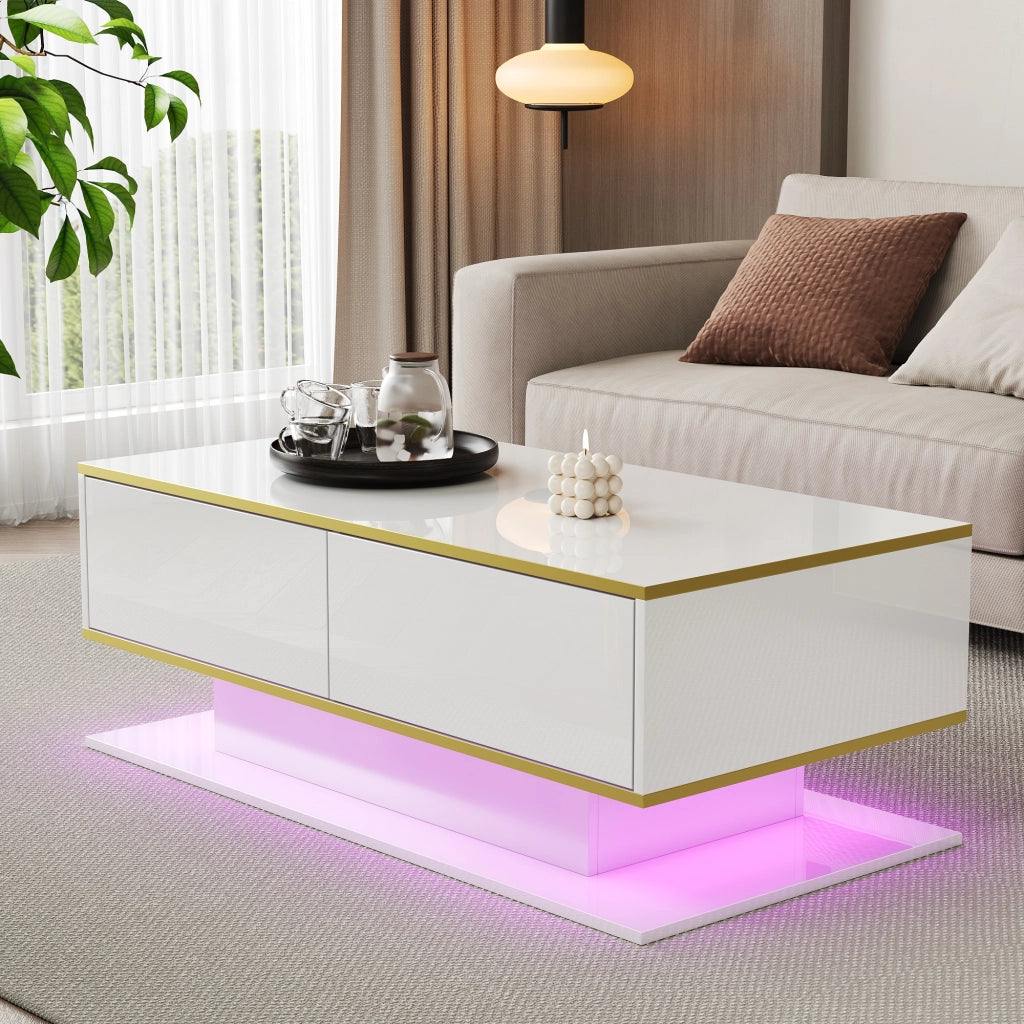 TAVOLINO DA CAFFÈ 100x50x40 cm Bianco lucido Oro con LED e 3 cassetti