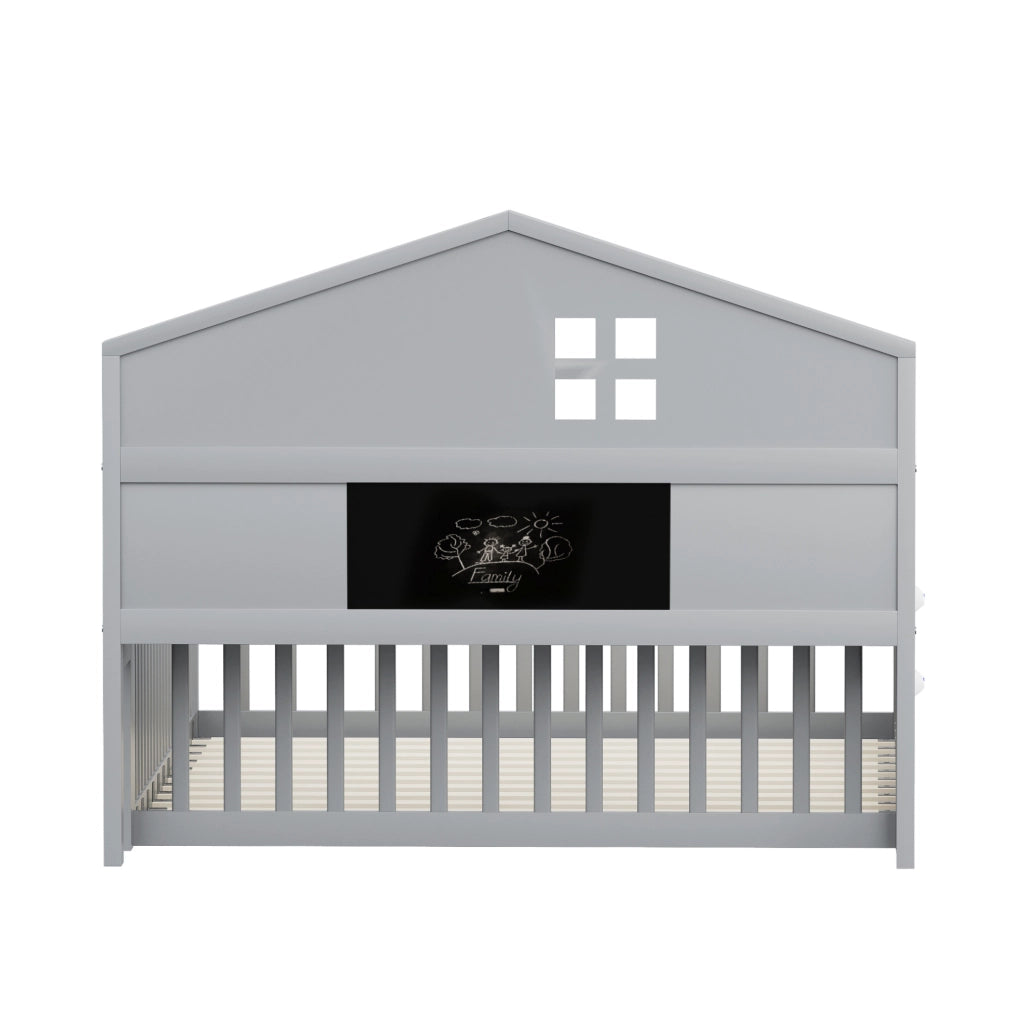 Letto per bambini 140x200 cm a casetta con lavagna; ripiani e barriera grigio