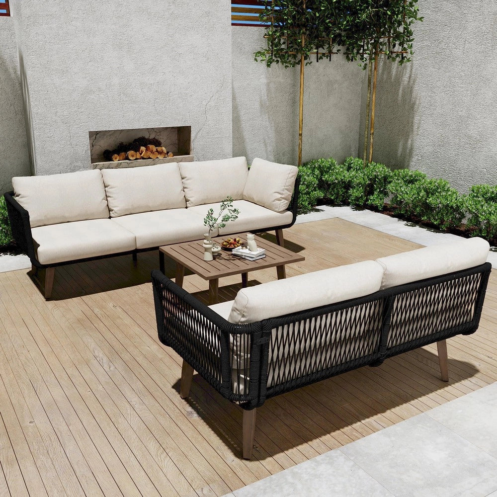 Set Divano da Giardino con Tavolino ¨C Xylo ¨C Acciaio, Corda, Beige e Nero