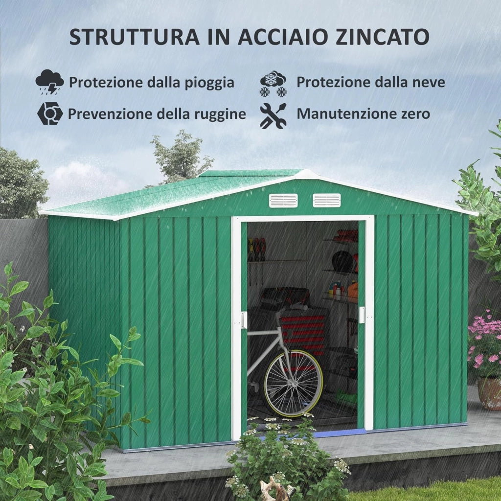 Casetta da Giardino 4.9 m² con Fondazione, 4 Prese d'Aria e 2 Porte Scorrevoli, Capanno Porta Attrezzi in Lamiera d'Acciaio, 277x195x192 cm, Verde Scuro