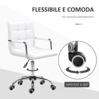 Sedia da Ufficio in pelle PU Bianca con 5 Ruote Girevoli, Imbottitura e Altezza Regolabile, 52.5x54x84-99cm