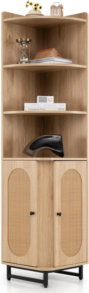 Armadietto in Legno ad Angolo Alto 172 cm con 4 Ripiani Aperti, Libreria Angolare con 2 Ante in Rattan PE e Ripiano Regolabile, Scaffale Mensola Salvaspazio per Soggiorno, Bagno e Cucina