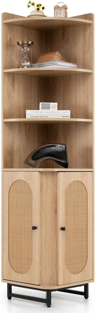 Armadietto in Legno ad Angolo Alto 172 cm con 4 Ripiani Aperti, Libreria Angolare con 2 Ante in Rattan PE e Ripiano Regolabile, Scaffale Mensola Salvaspazio per Soggiorno, Bagno e Cucina