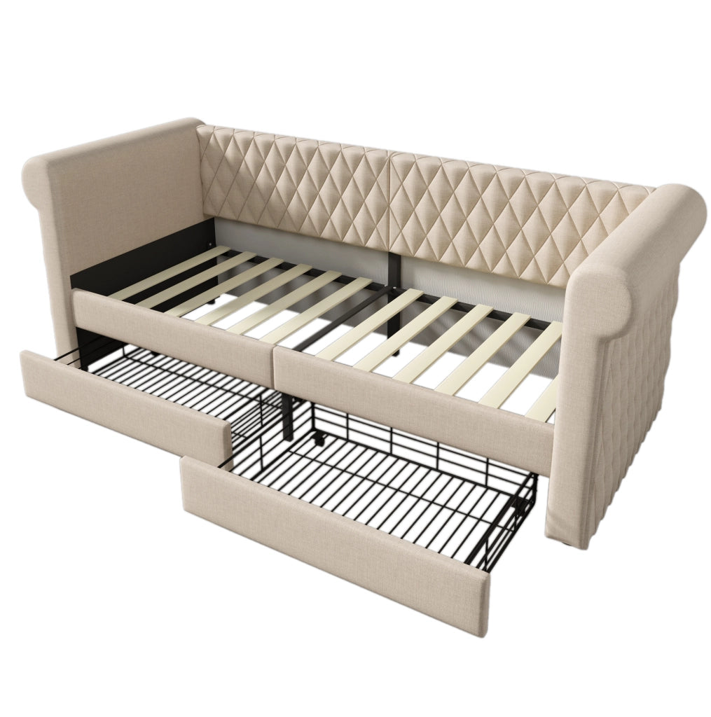 Letto singolo daybed 90x200 cm in lino beige con 2 cassetti e testiera vintage