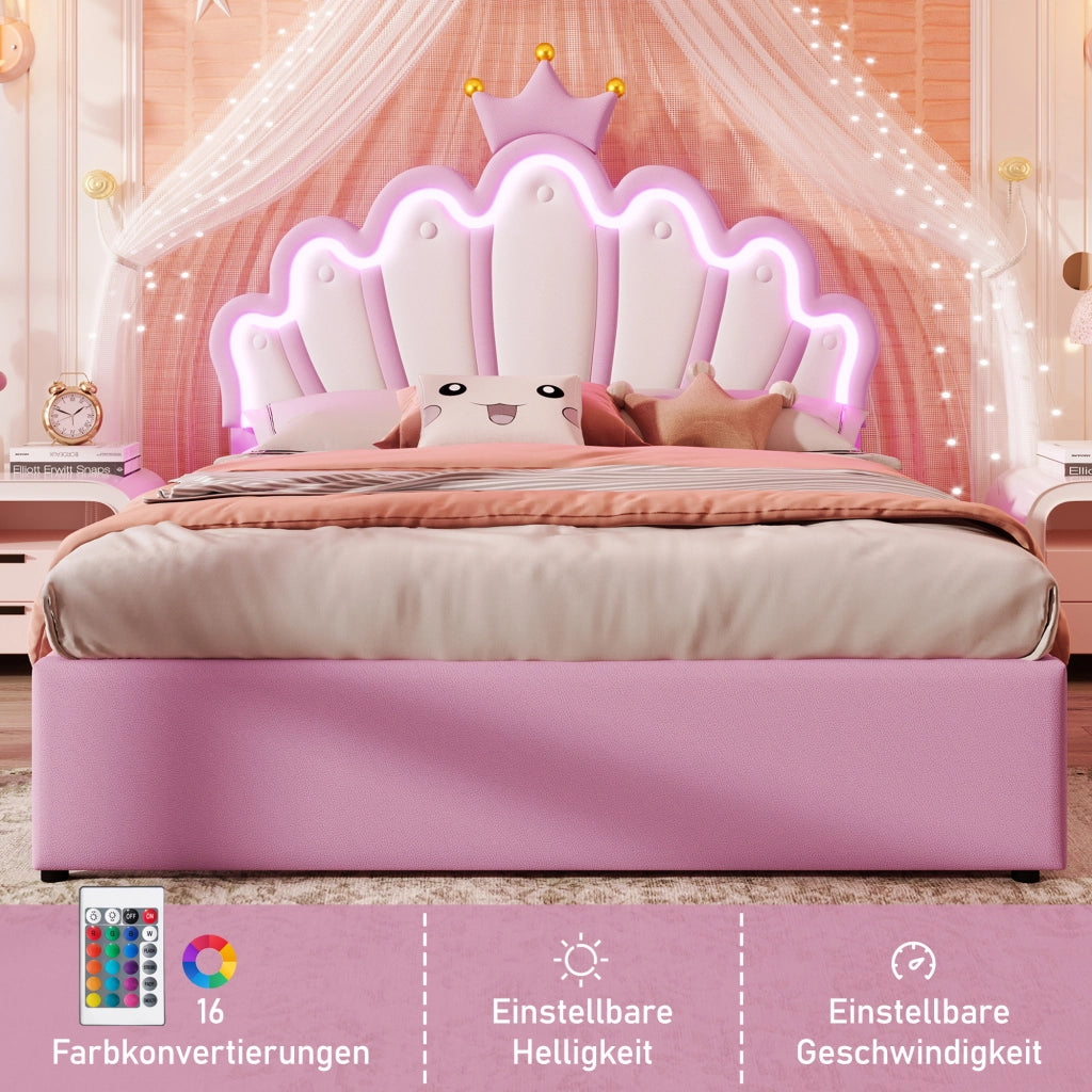 OKWISH Letto Bambini 140×200 cm, Letto Matrimoniale con LED Regolabile, 2 Cassetti e Testiera Regolabile, senza Materasso, in PU, Rosa