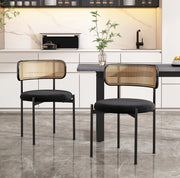 Set 2 sedie da pranzo in velluto nero con schienale in rattan e gambe in metallo