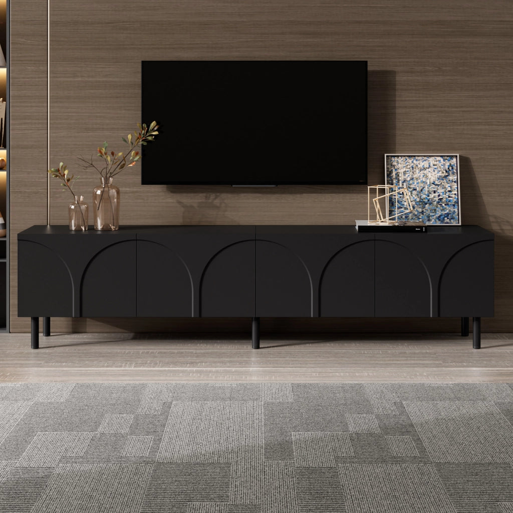 Mobile porta TV con 4 ante e 2 vani separati, piedi in metallo, per soggiorno, in MDF e PB, nero, 180 × 35 × 49 cm