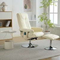 Poltrona relax, reclinabile e massaggiante a 5 punti, con funzione di riscaldamento elettrico e poggiapiedi, girevole a 360°, in tessuto PU, 75x76x103 cm, Beige