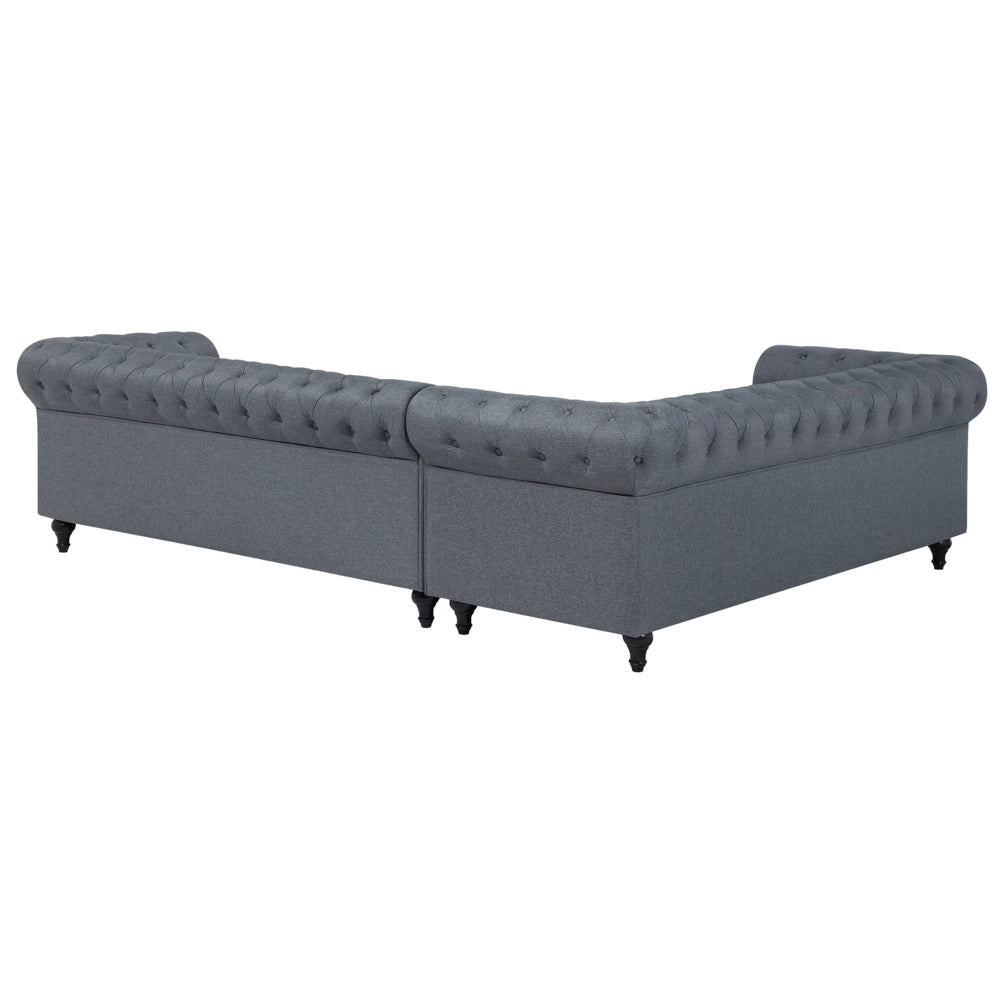 Chesterfield Divano ad angolo in tessuto versione destra Rivestimento in tessuto grigio Gambe in legno scuro Chaise 6 posti contemporanea