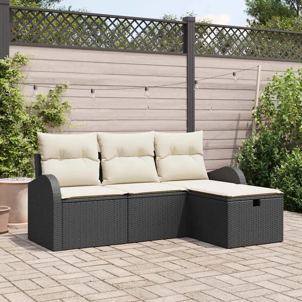 Set di divani con cuscino 4 pcs Nero e Crema polyrattan