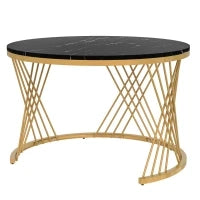 Tavolini Rotondi con Piano in Effetto Marmo e Cassetti in Rattan Sintetico, 2 in 1 da Salotto, Gambe in Ferro, Nero
