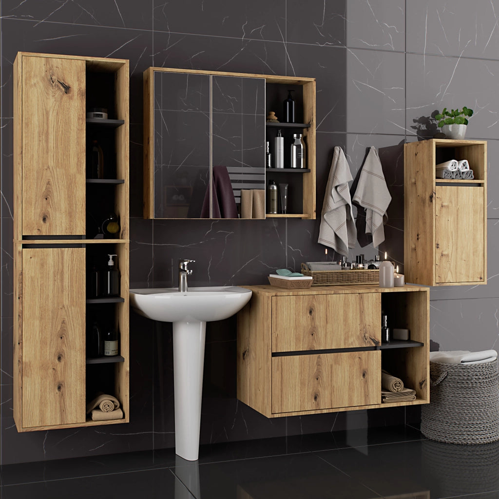 Set di mobili da bagno sospesi VAMI in Rovere Artisan con colore interno Grigio Grafite