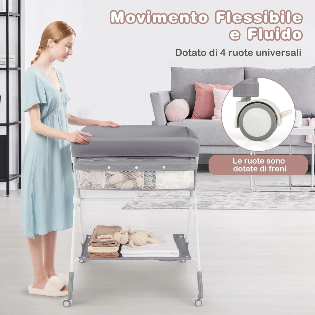 Fasciatoio Pieghevole per Bambini, Fasciatoio Portatile con Altezza Regolabile a 3 Livelli, Fasciatoio Neonato con Ruote di Bloccabili, Ripiano, Porta Asciugamani, per 0-12 Mesi (Grigio)