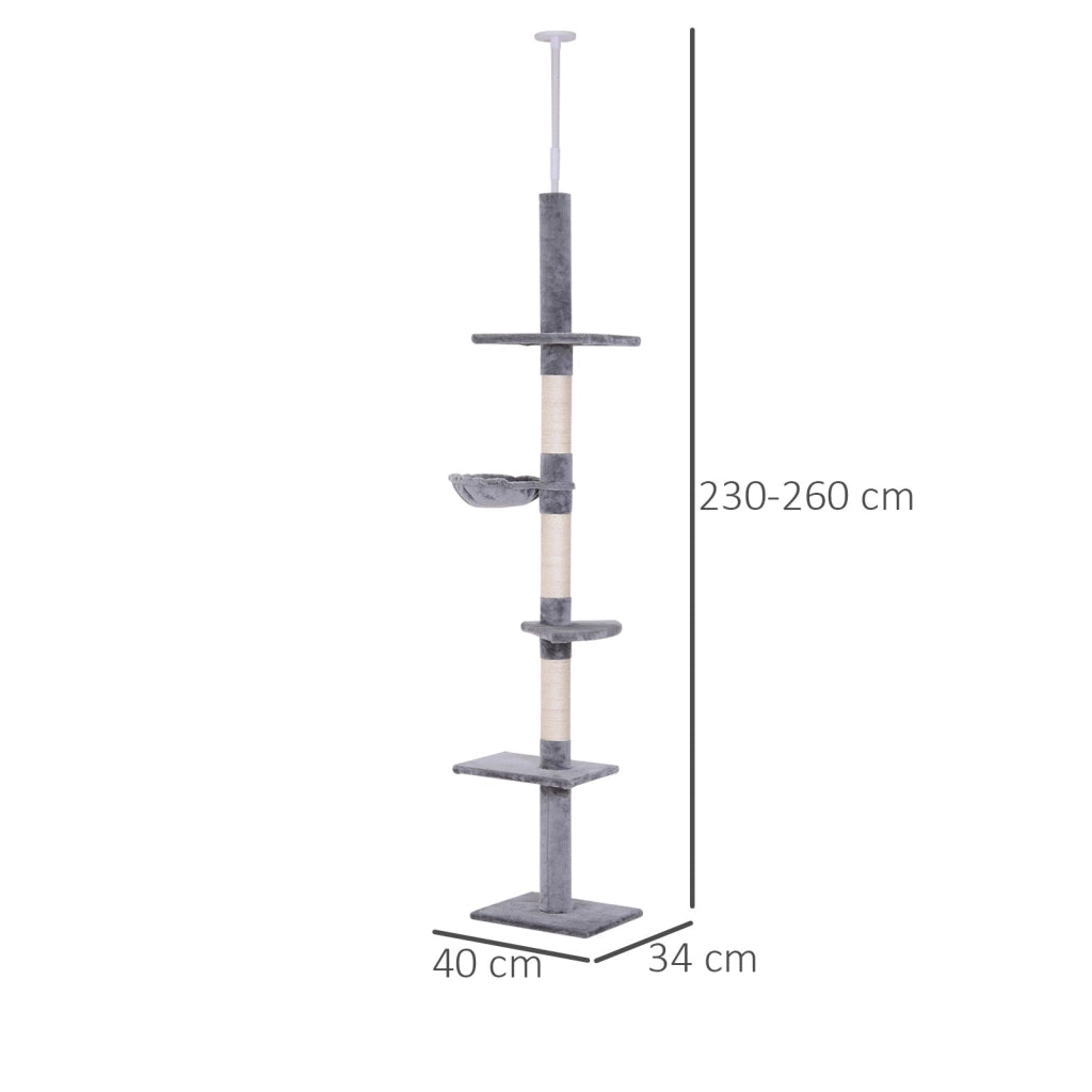 Albero Tiragraffi per Gatti a 4 Livelli Regolabile ¨C zephmum ¨C Grigio 40x34x230-260 cm