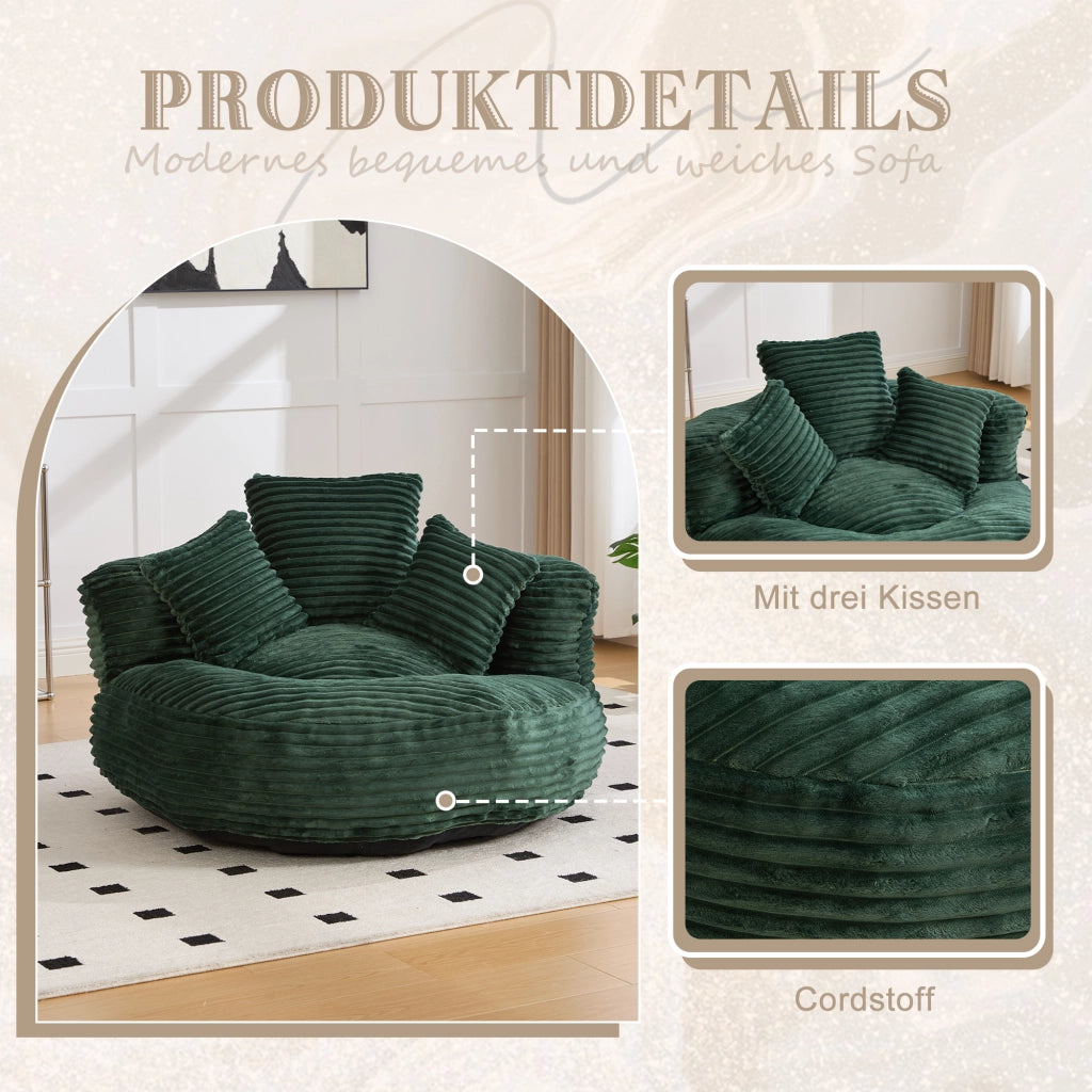 OKWISH Poltrona Pouf con Schienale Alto, Braccioli Avvolgenti e Seduta Ampia, Velluto a Coste, Verde Smeraldo